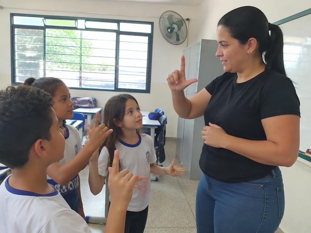 Professora ensinando sinais de Libras para alunas em uma sala de aula